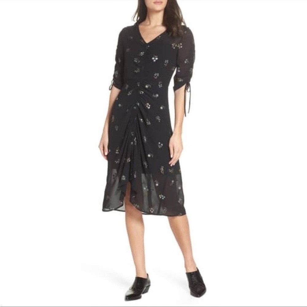 SAM EDELMAN Black dark ditsy floral rouched midi dress women’s 14 plus new w/tag